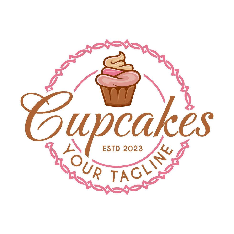 cake logo design. cup cake in ornate frame perfect for cake business, bakery, cafe, etc vector