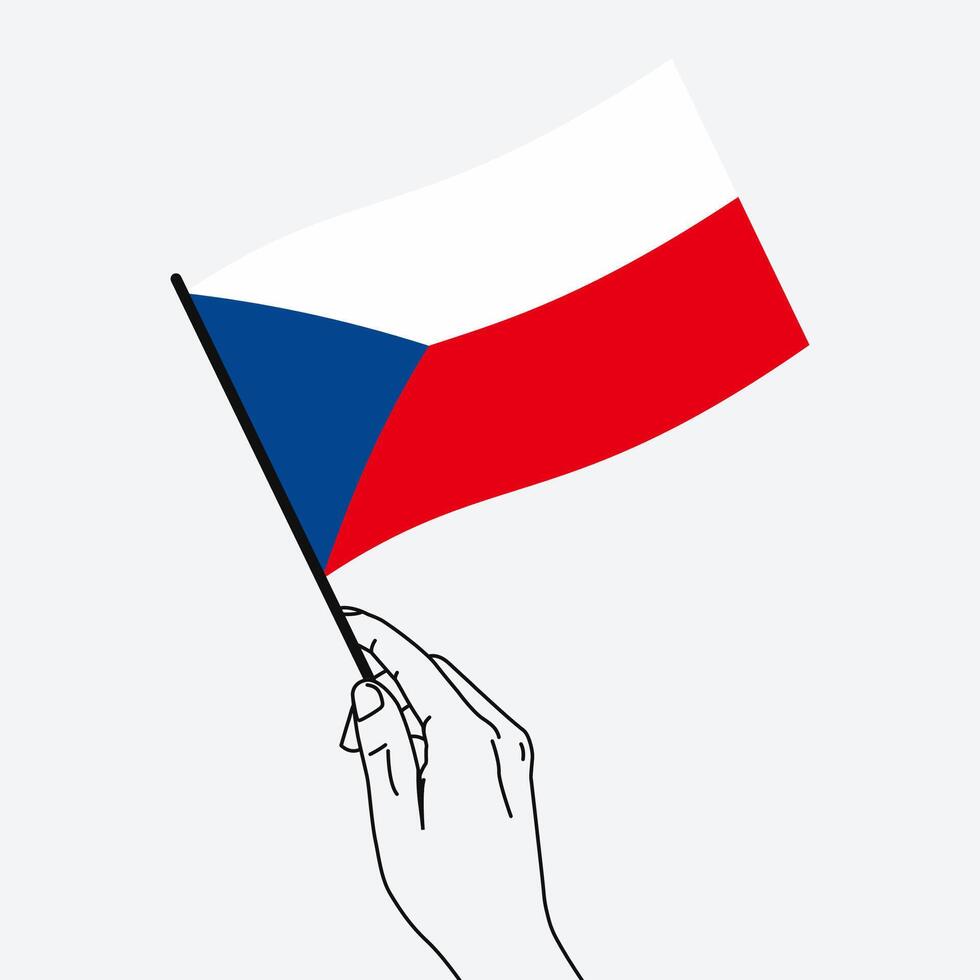 Hand holding Czechia flag in line art drawing style. Czechia hand Flag waving. illustration vector