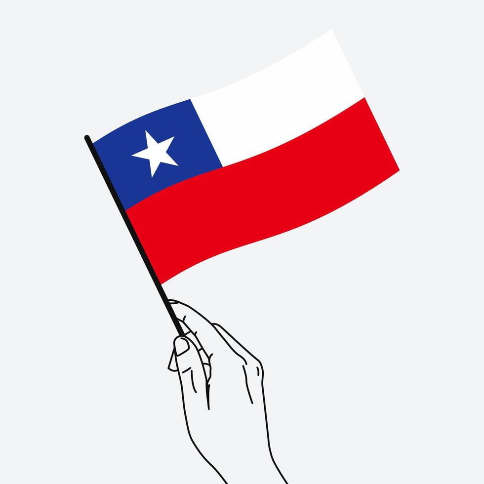 Hand holding Chile flag in line art drawing style. Chile hand Flag waving. illustration vector