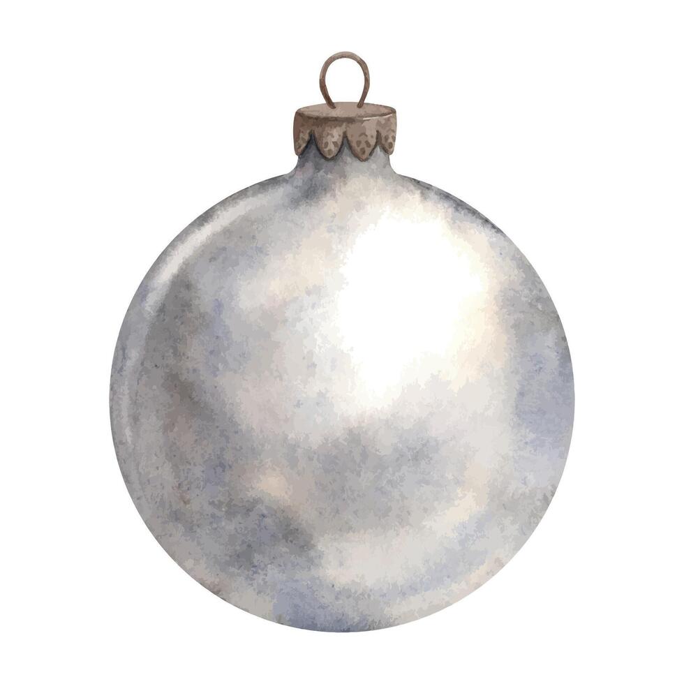 Glass round gray-blue ball, Christmas tree toy for the Christmas tree. Watercolor composition on isolated background. Suitable for New Year party, invitations, cards, decorations, packaging. vector