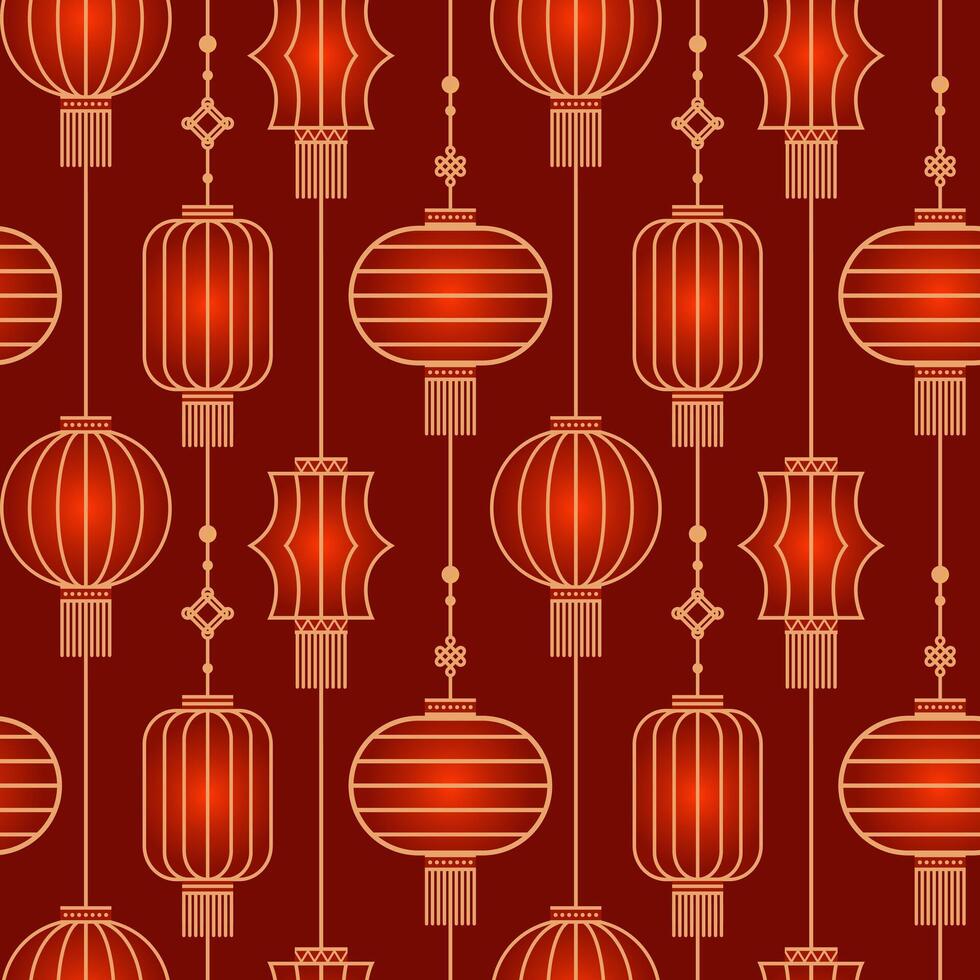 Seamless pattern of Chinese paper Hanging lantern Denglong. Good luck knot. Chinese New Year, Mid-Autumn Festival. Flat minimalistic geometric design. fabric, wrapping, background. vector