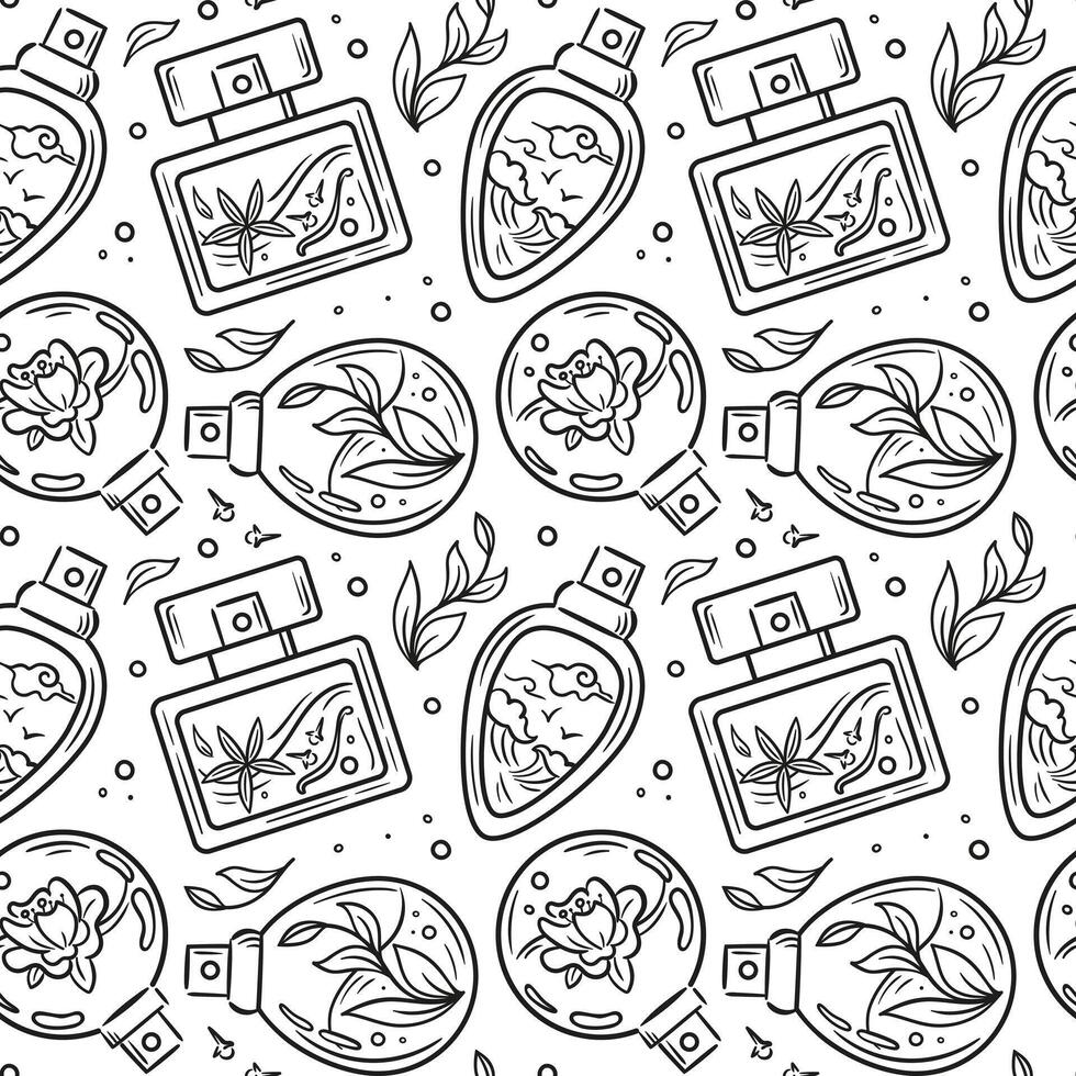 Seamless pattern of perfume bottles. Floral, spicy, sea and herbal aromas. illustration in sketch style. Bottles with magic potion. For wallpaper, fabric, wrapping, background. vector