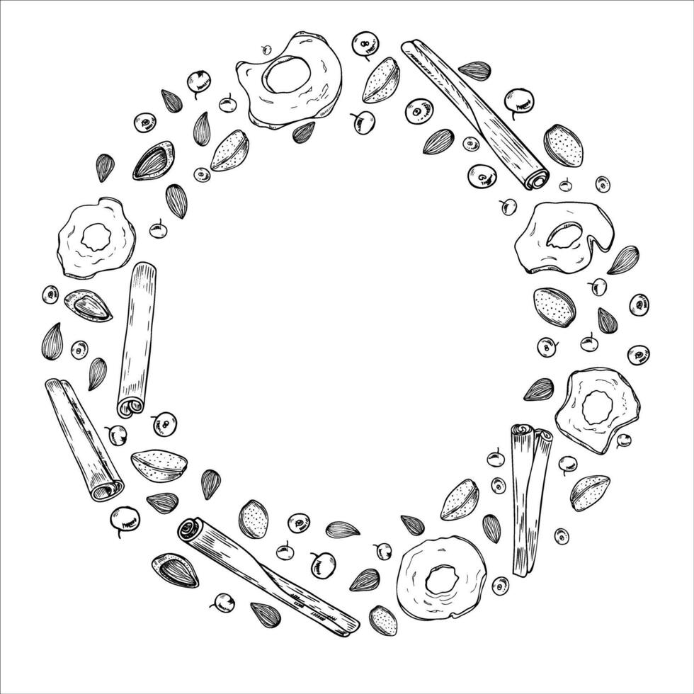 Cinnamon sticks, almond seeds, dried apple slices and berries round wreath painted by black inks. Winter ingredients monochrome frame for desserts, drinks. Empty space for text vector