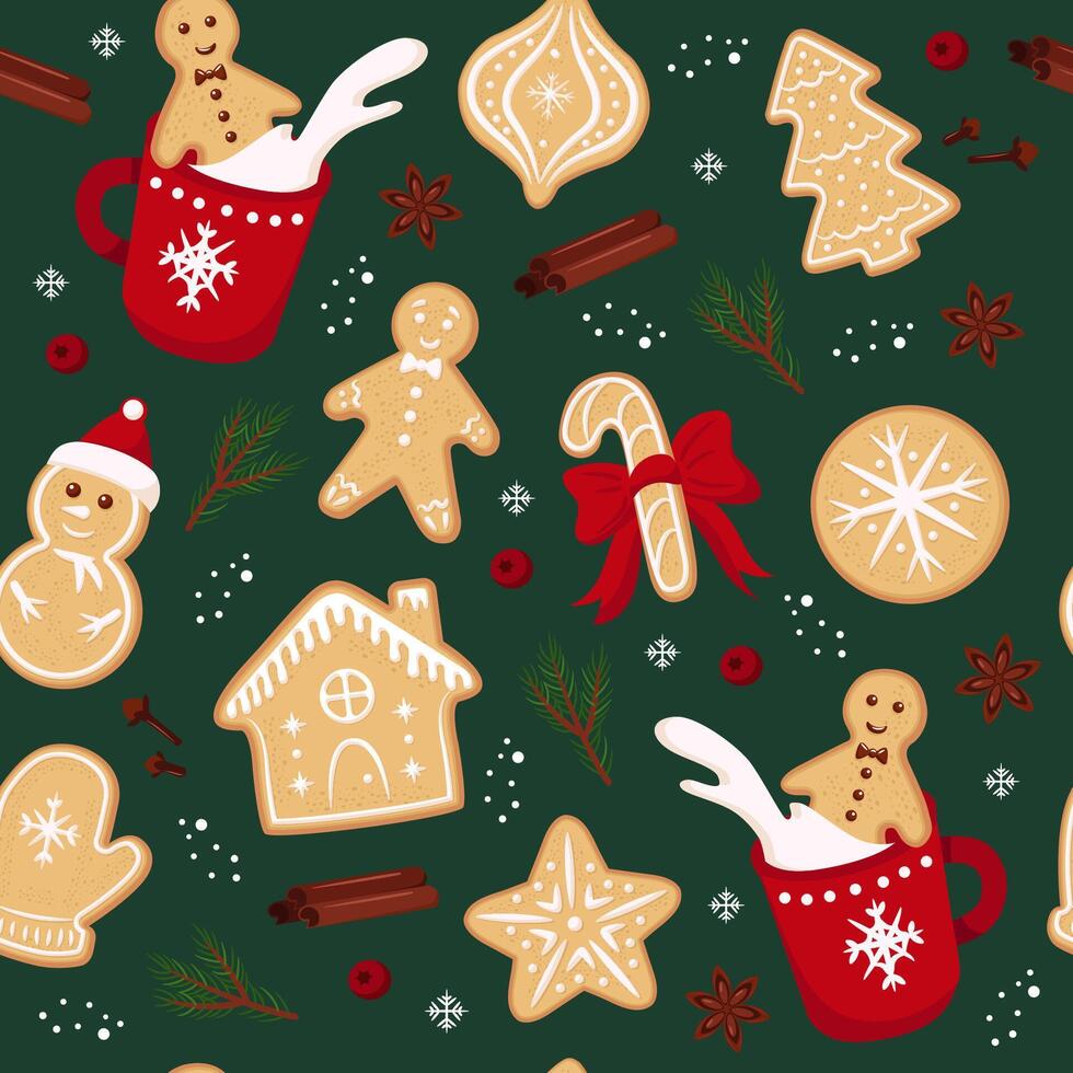 Christmas cookies gingerbread. New year festive seamless pattern green background. vector