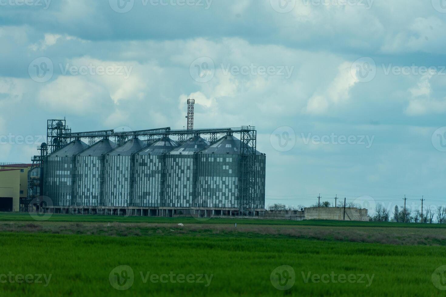 Granary elevator, silver silos on agro manufacturing plant for processing drying cleaning and storage of agricultural products, flour, cereals and grain. A field of green wheat. photo