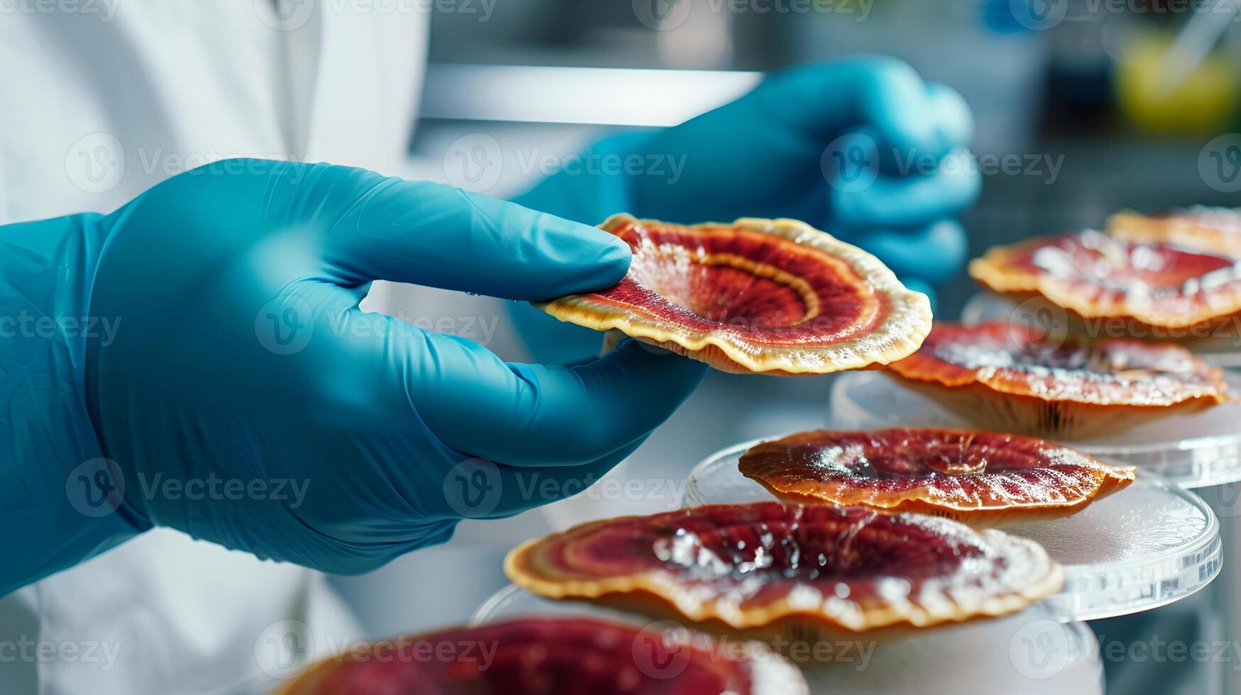 Reishi mushrooms in hand of laboratory technician in rubber gloves close-up in medical laboratory in petri dishes. Traditional Chinese medicine Ganoderma lucidum Translucid Mushroom, lingzhi mushroom photo