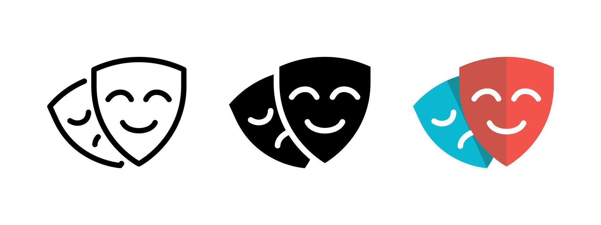 Face mask icon. Sad and happy face mask illustration. Theatre play drama and comedy symbol. Masquerade festival sign. Acting performance pictogram. Facial expressions concept. vector