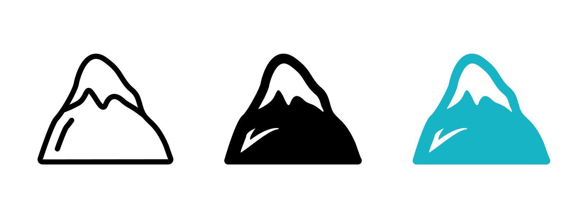 Mountain icon. Hiking or trekking symbol. Everest peak illustration. Outdoors adventure sign. Climbing pictogram. Alp ridge silhouette. Ice mountain peak concept. vector