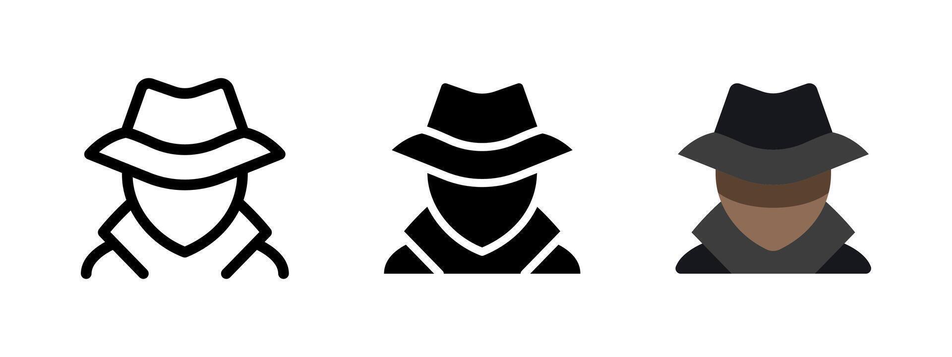 Spy agent icon. Detective sign. Anonymous person avatar. Mafia criminal man with coat and hat. Secret hacker silhouette. Unknown person illustration. Thief pictogram. Incognito concept vector