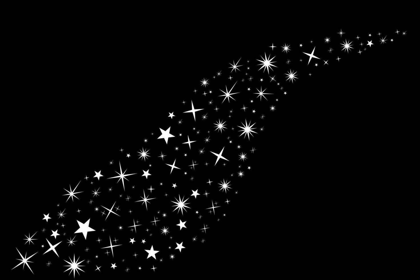 Shooting white Stars. Stars with elegant star trail on black background. Festive star sprinkles, powder, sparkles. illustration vector