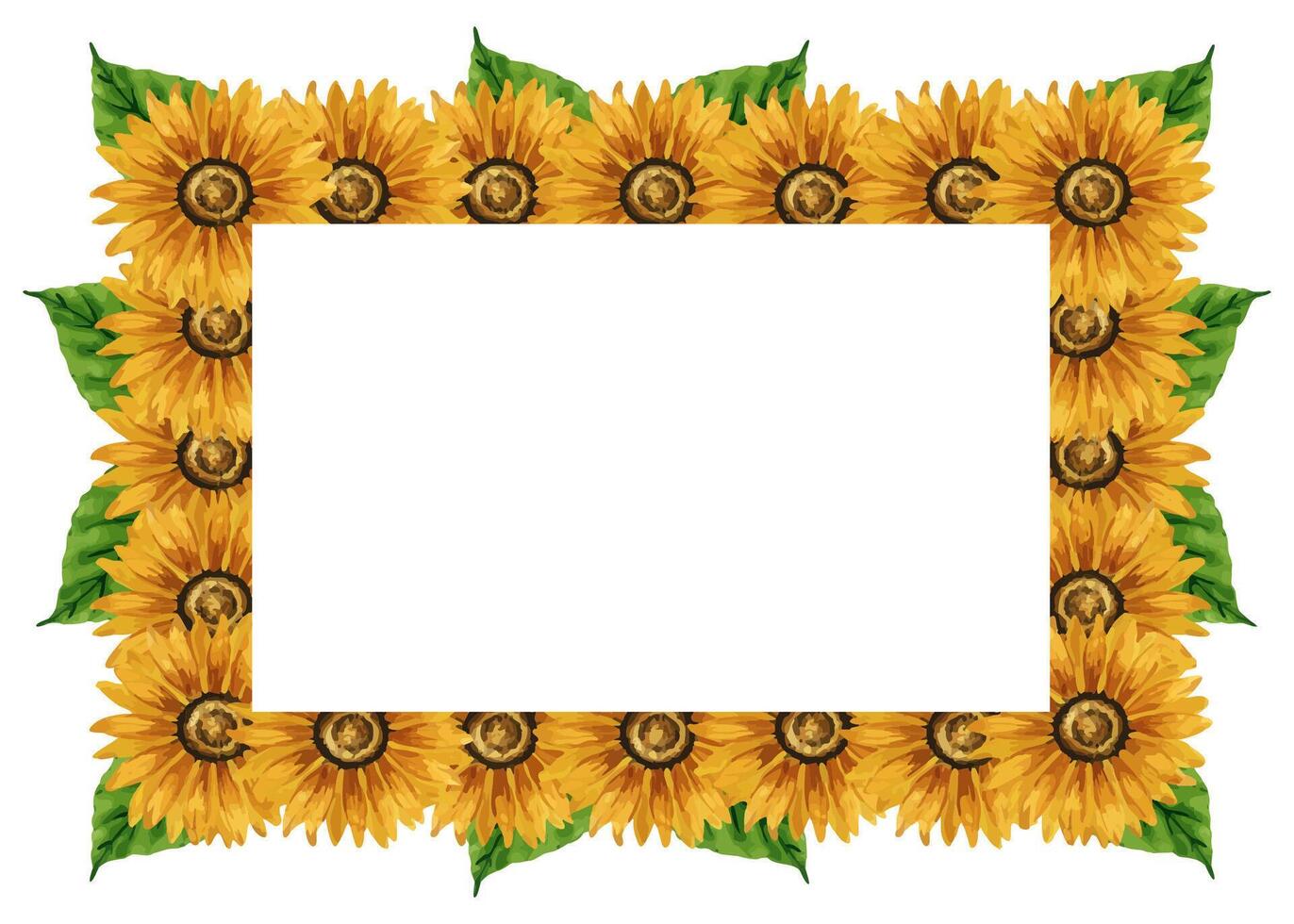 Watercolor sunflowers frame. Rectangular border with yellow flowers. Summer floral composition. Autumn flowers arrangement. Hand drawn botanical illustration. Design element for postcard, invitation. vector