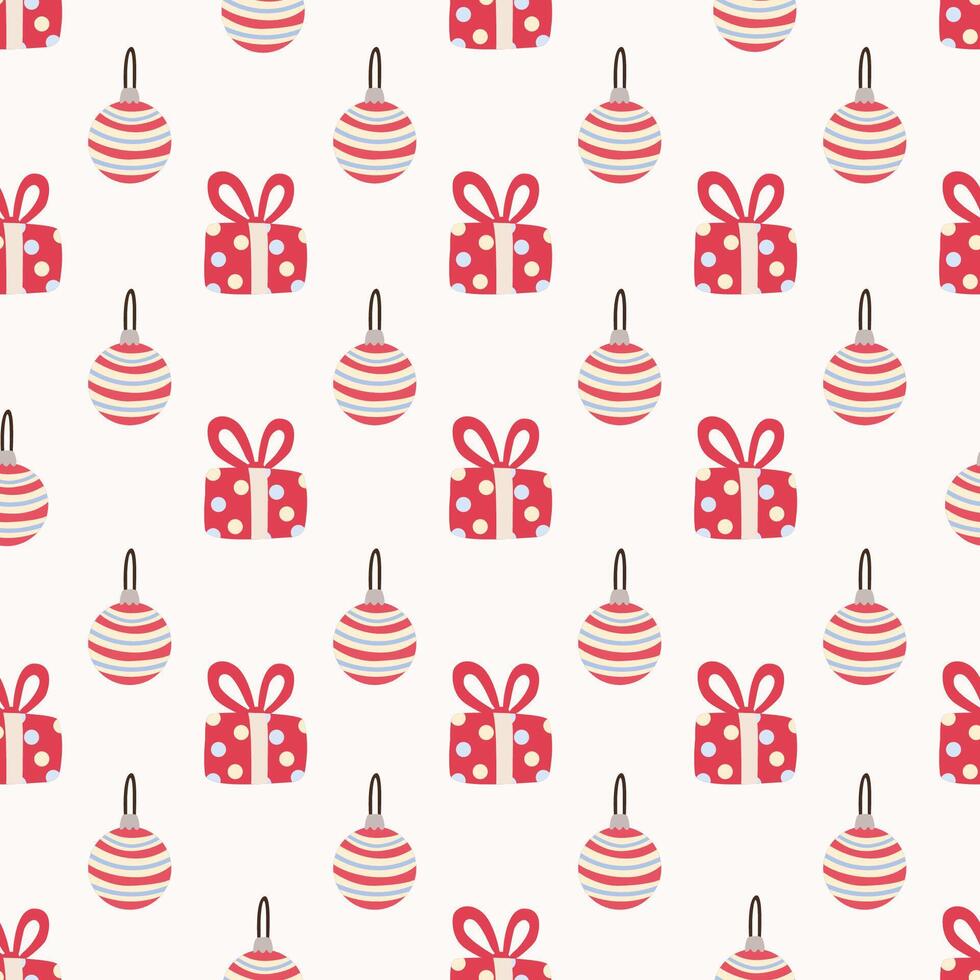 Festive seamless pattern with Christmas ornaments, and gifts. Red and pink colors. Perfect for holiday wrapping paper and textiles vector
