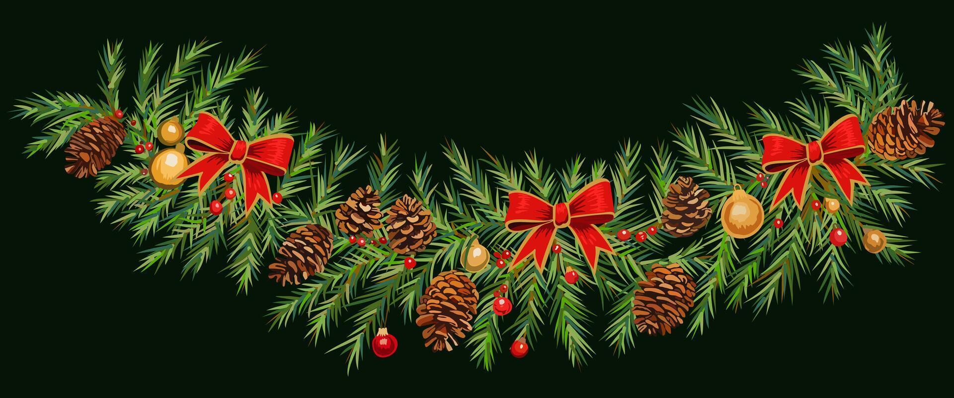 Christmas garland. Decorative branch with cones, red ribbons, berries and toys on dark green background vector