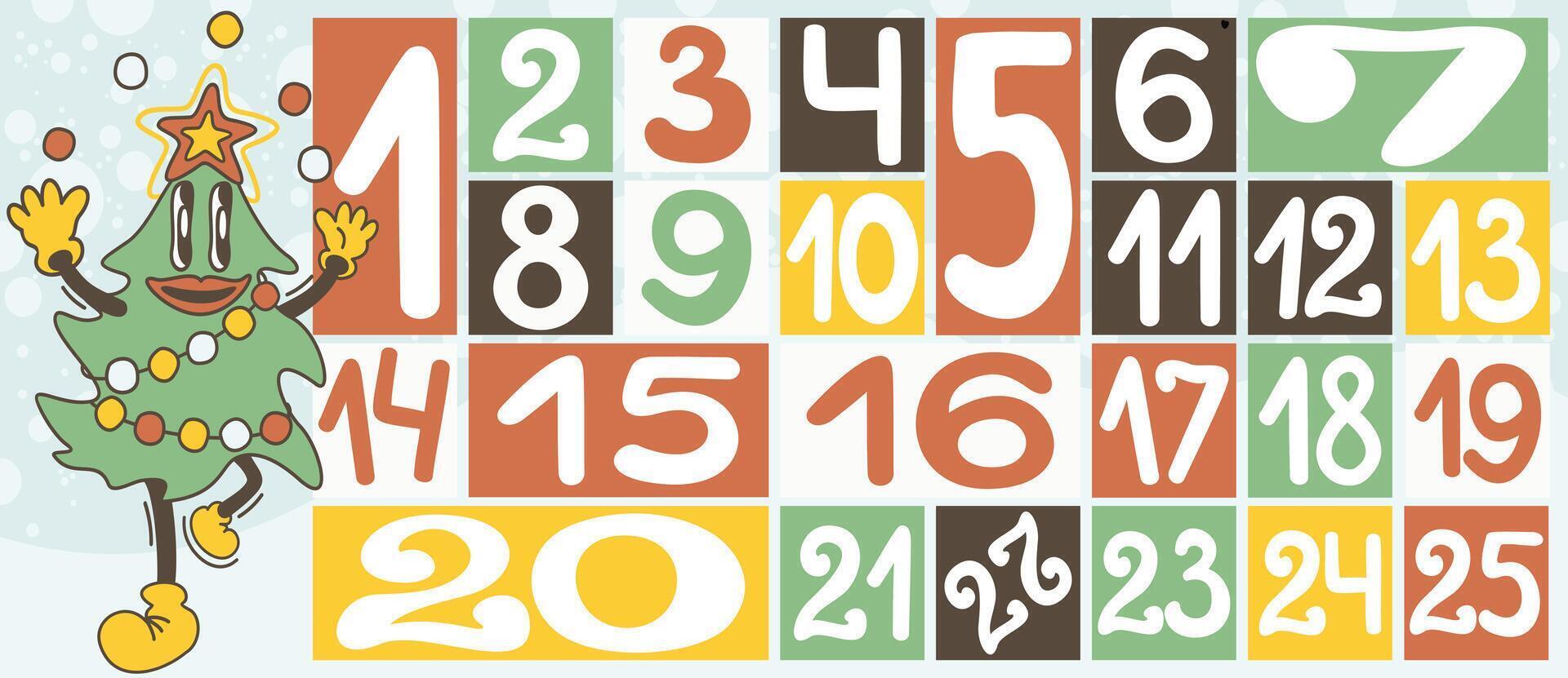 Advent calendar. Countdown to Christmas decorated with retro cartoon groovy Christmas tree vector