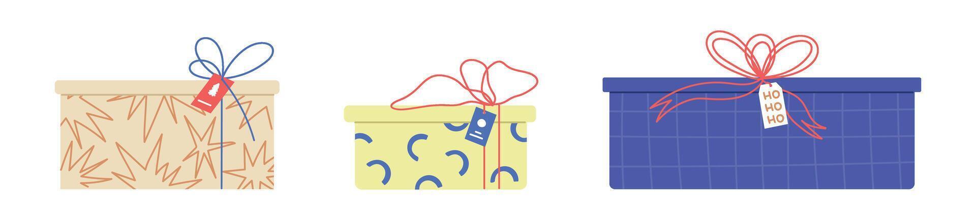 Christmas gift boxes with ribbons, bows, and festive tags. xmas holiday package pile for Noel and birthdays. Flat illustration isolated on white background. vector