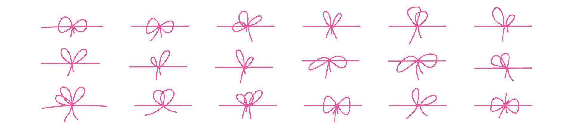 Cute pink bow with ribbon hand drawn style. Vintage knot design, for gift and birthday present decoration. Flat illustration isolated on white background. vector