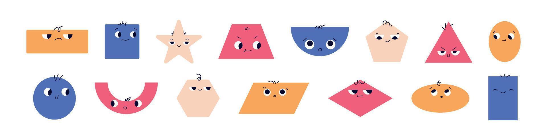 Cute basic math shapes with faces and geometric expressions. Simple forms for educational. Flat illustration isolated on white background. vector