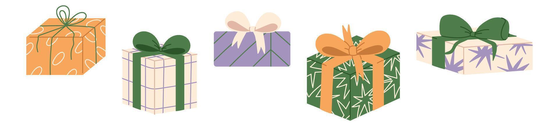Stack of gift boxes with bows and decorative paper, for Christmas and holiday presents celebrations. Flat illustration isolated on white background. vector