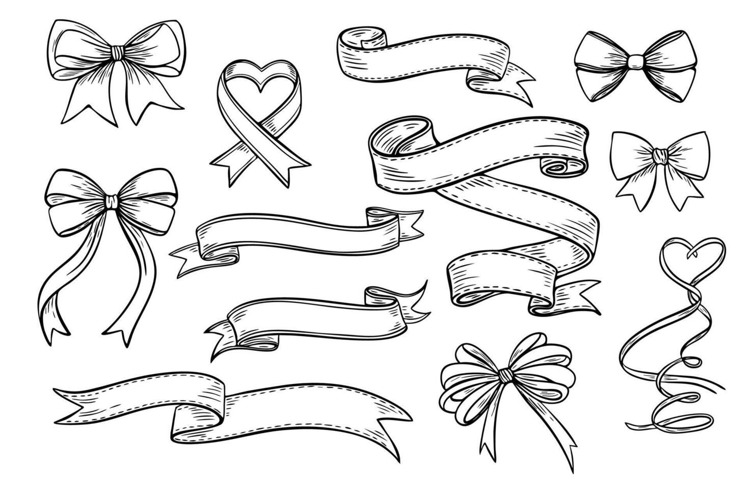 Set of sketch, engraving bows and ribbons, banner.. illustration vector