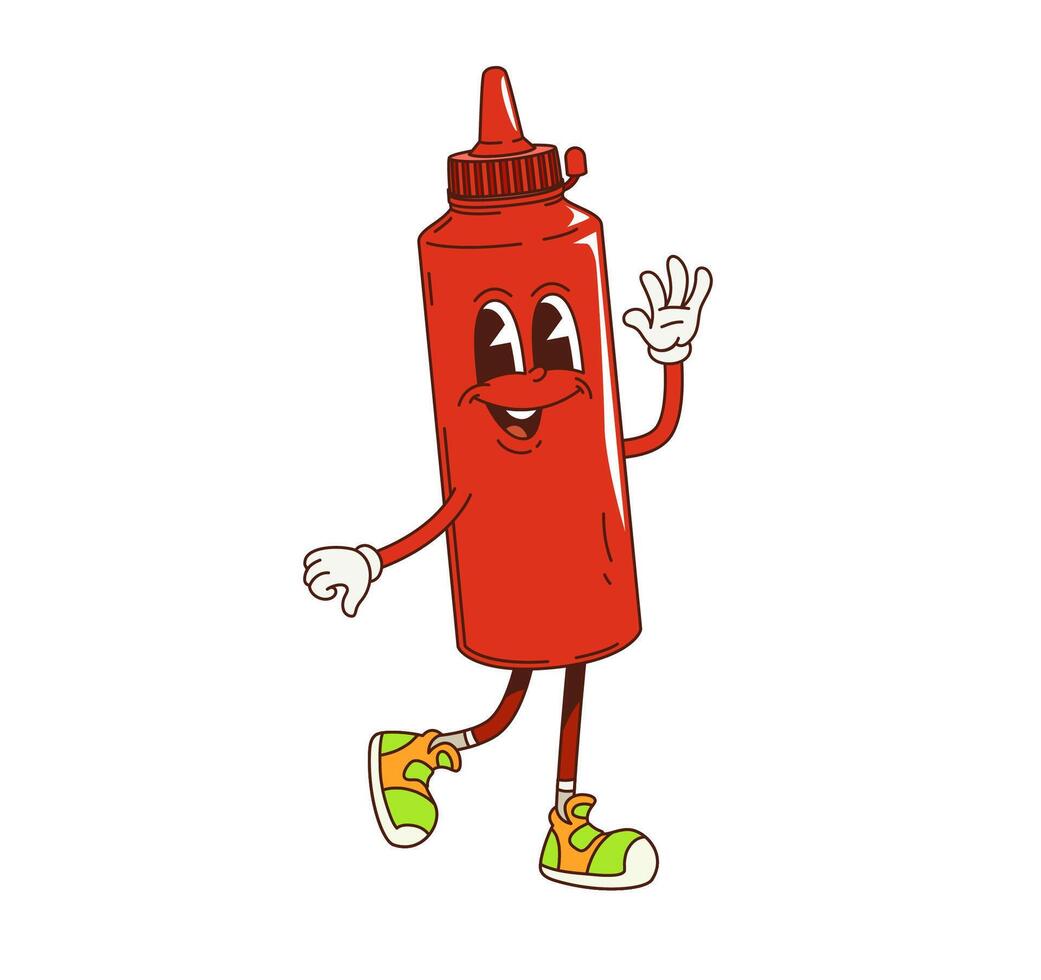 Cartoon retro groovy ketchup sauce character vector