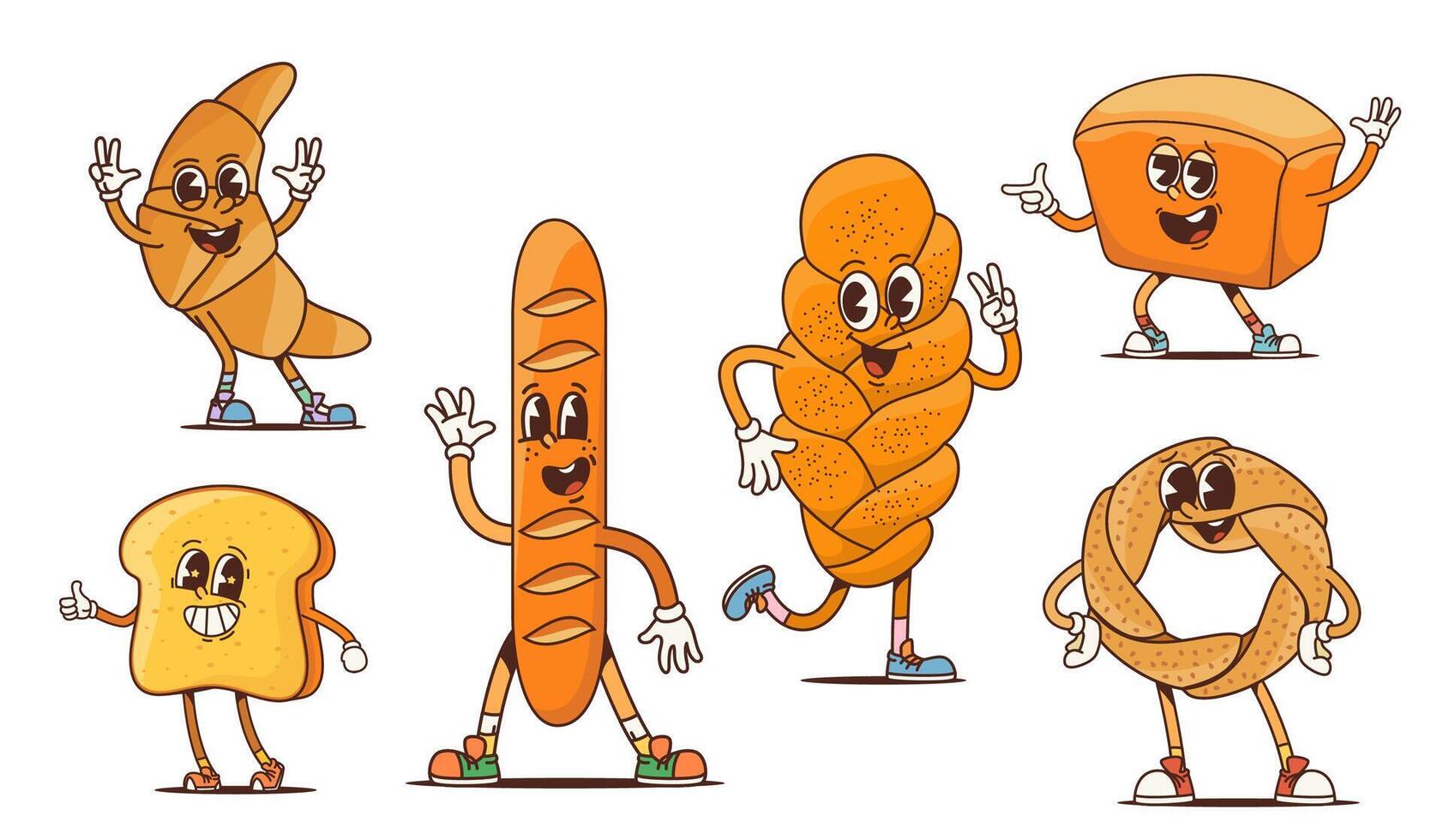 Cartoon groovy bakery characters, funky bread food vector