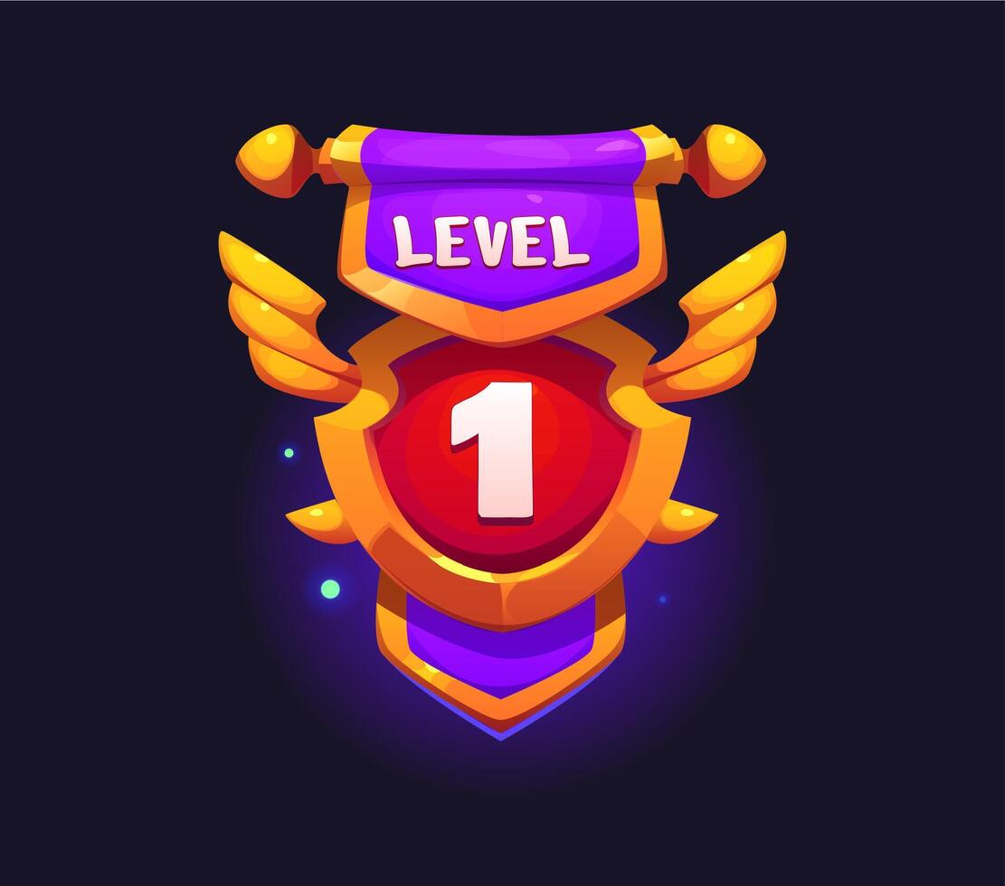 Game level up badge icon, victory rank gold shield vector