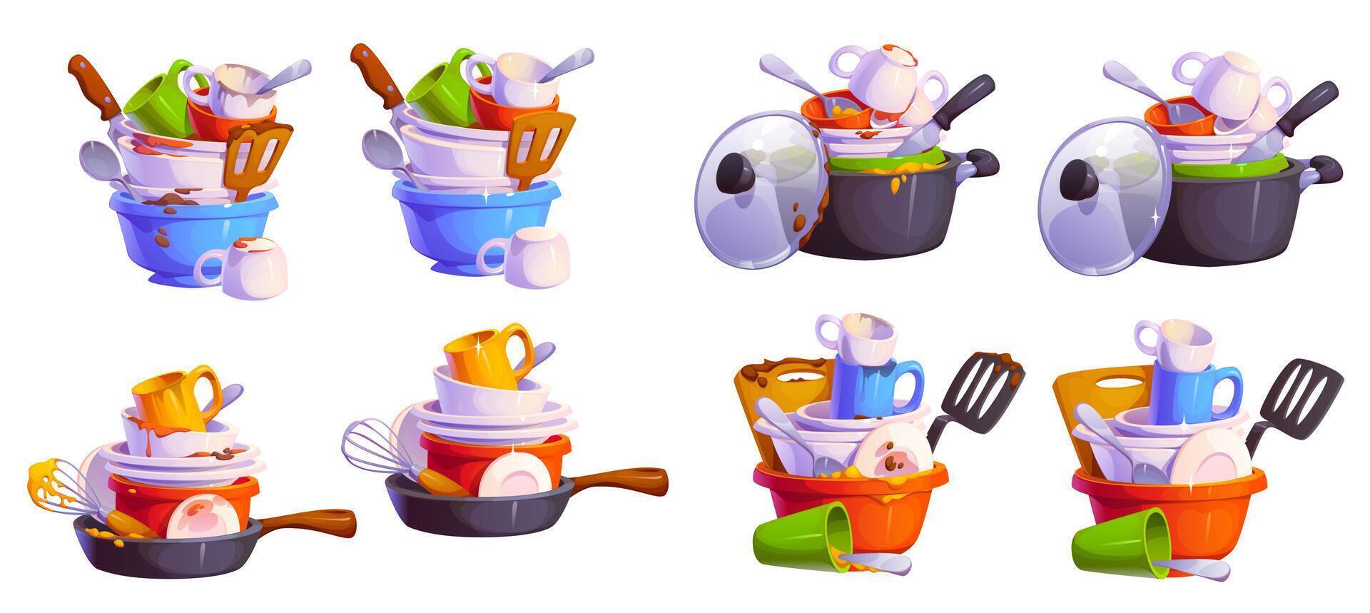 Dirty and clean restaurant dishes cartoon set vector