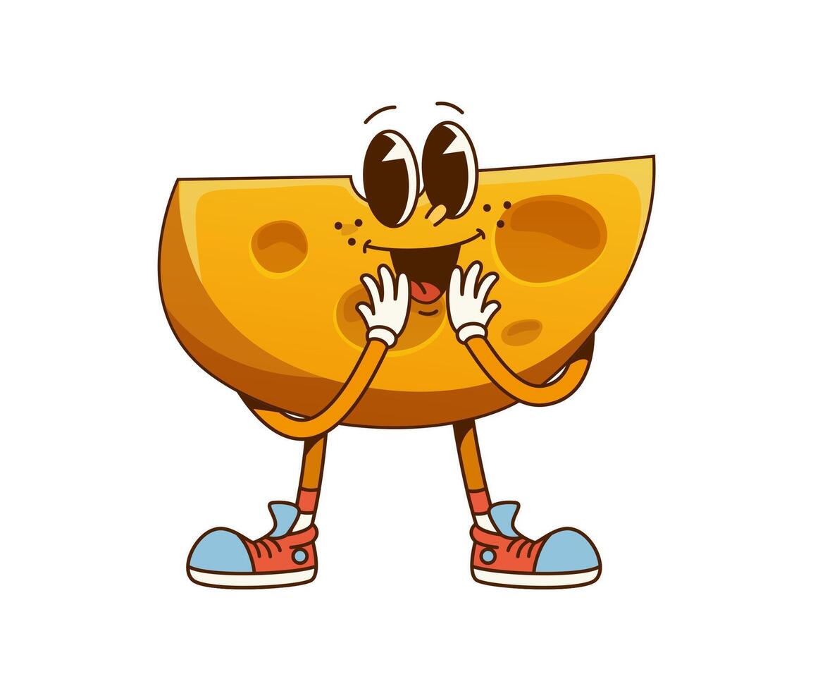 Cartoon groovy cheese slice cute character vector