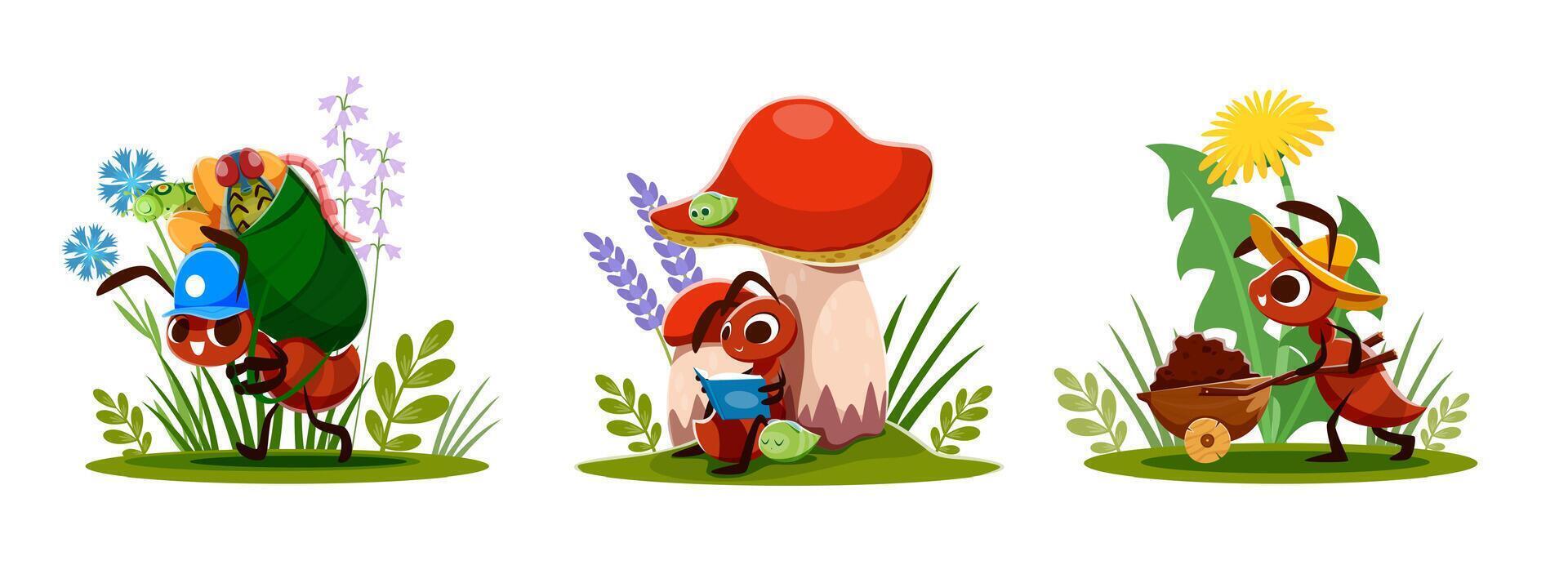 Cartoon ants characters carrying food and resting vector