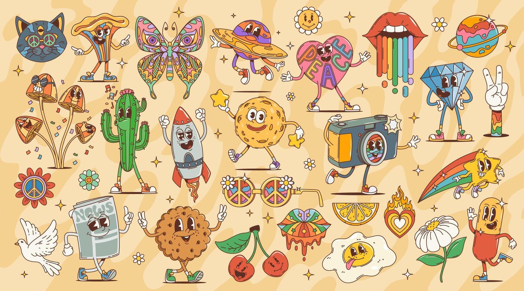 Cartoon retro funny groovy characters set vector