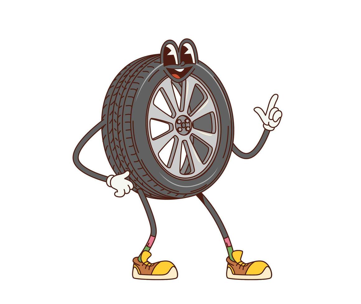 Cartoon retro groovy car tire happy character vector