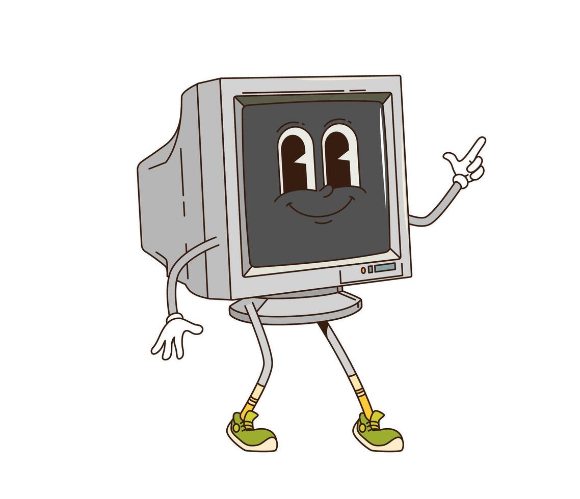 Cartoon groovy computer display retro character vector
