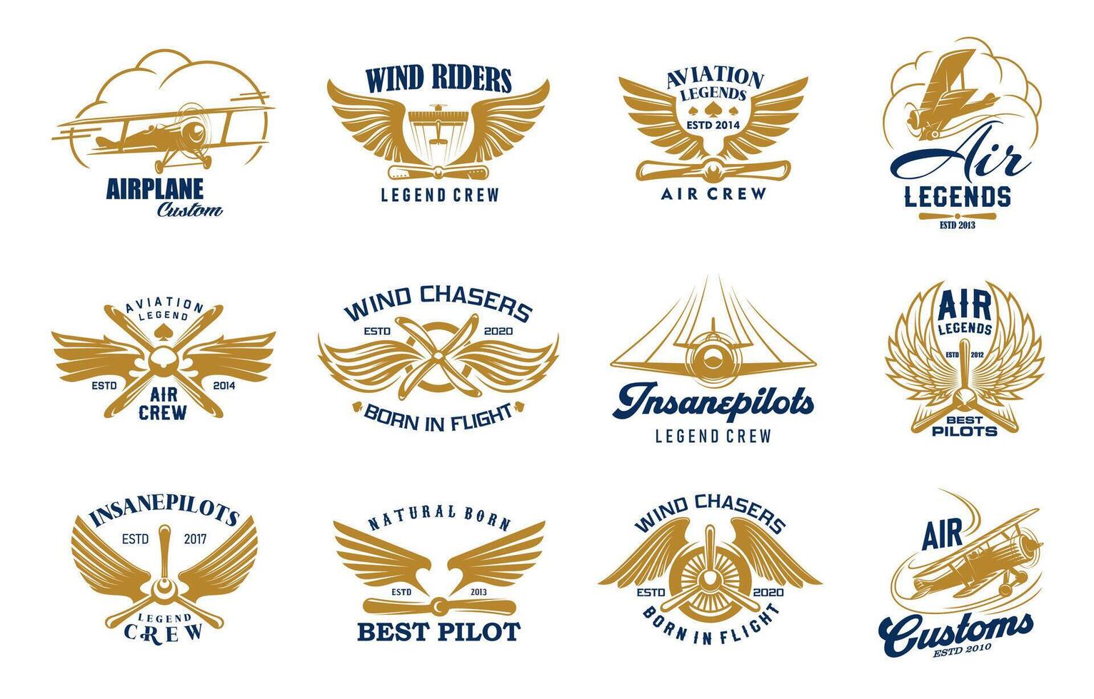 Airplane and aircraft icons, retro plane and wings vector