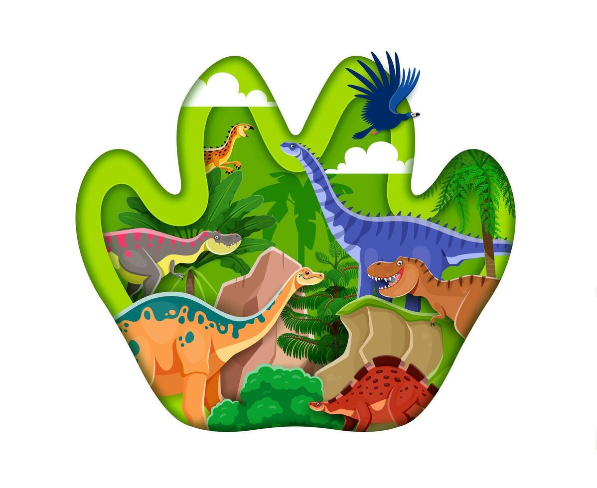 Dinosaur paper cut footprint with cartoon dinos vector