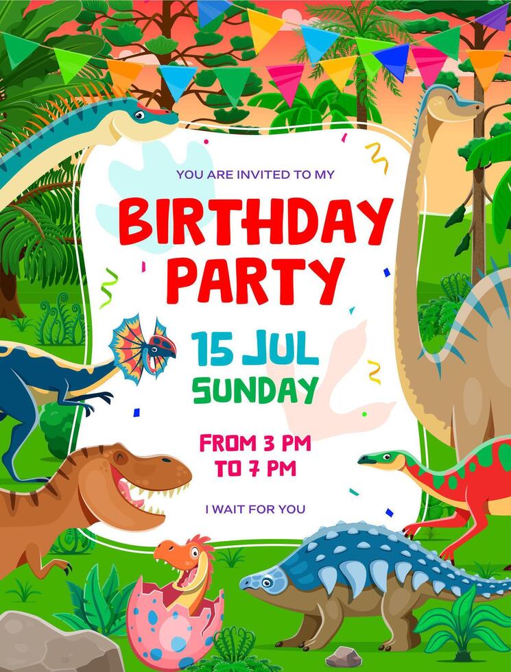 Birthday party flyer with cartoon funny dinosaurs vector