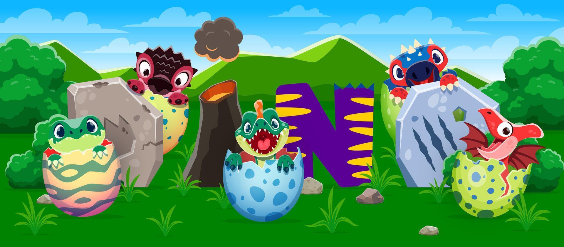 Funny cute dino kids characters in egg shells vector