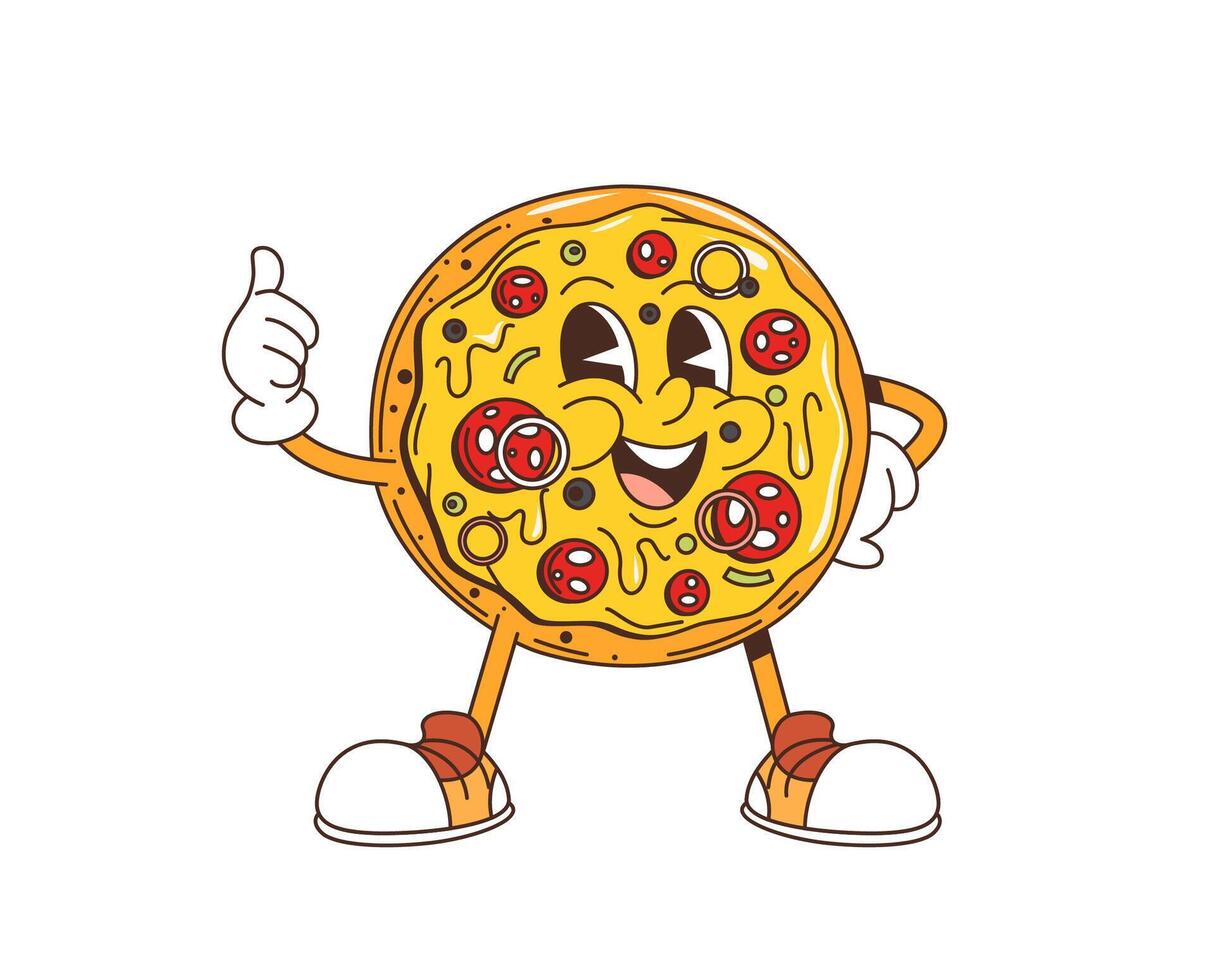 Cartoon retro groovy fast food pizza character vector