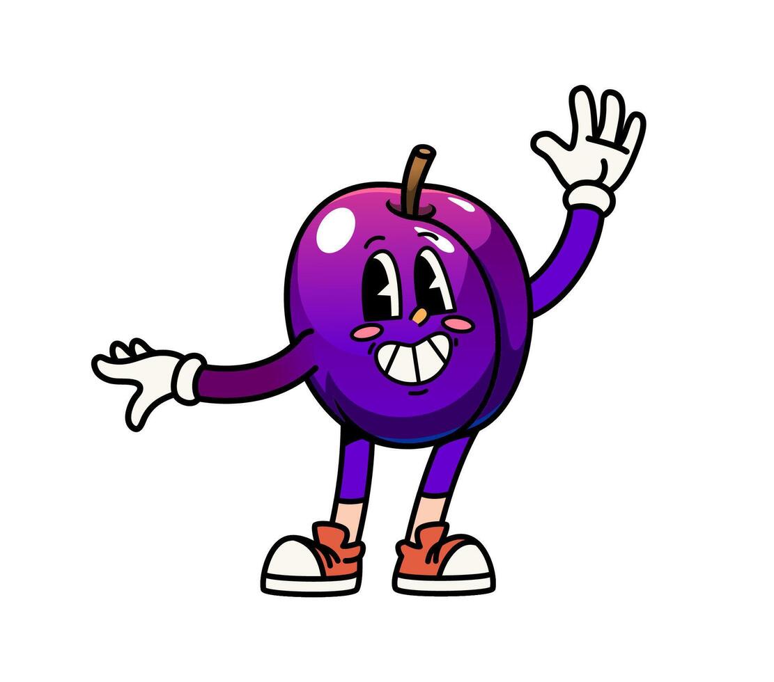 Cartoon groovy plum fruit character with smiles vector