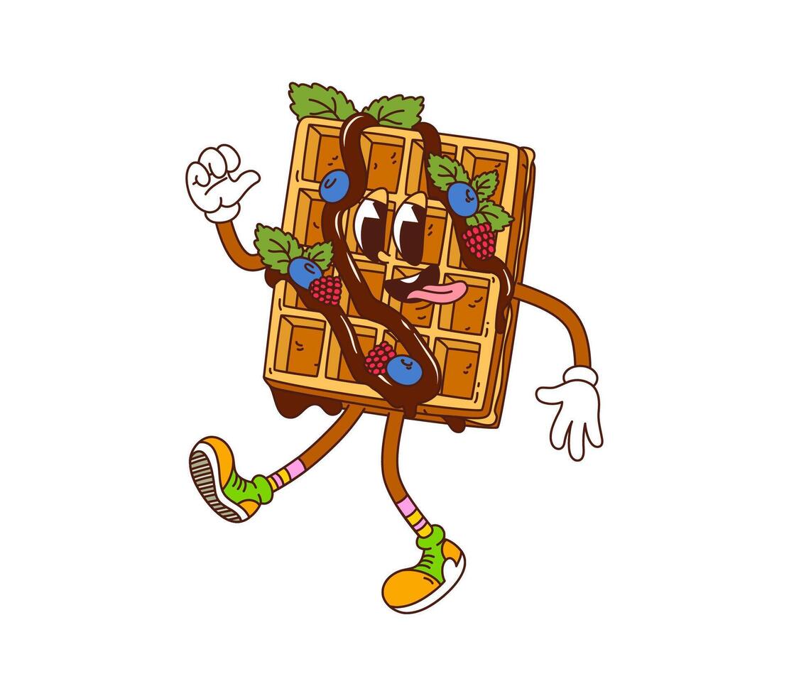 Cartoon groovy Belgian waffle bakery and pastry vector