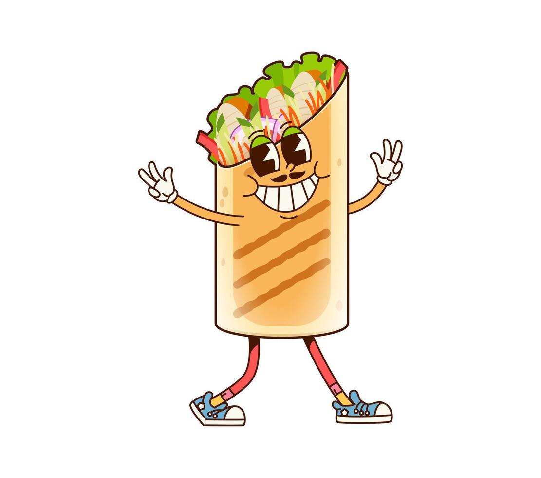 Groovy fast food burrito character with mustaches vector
