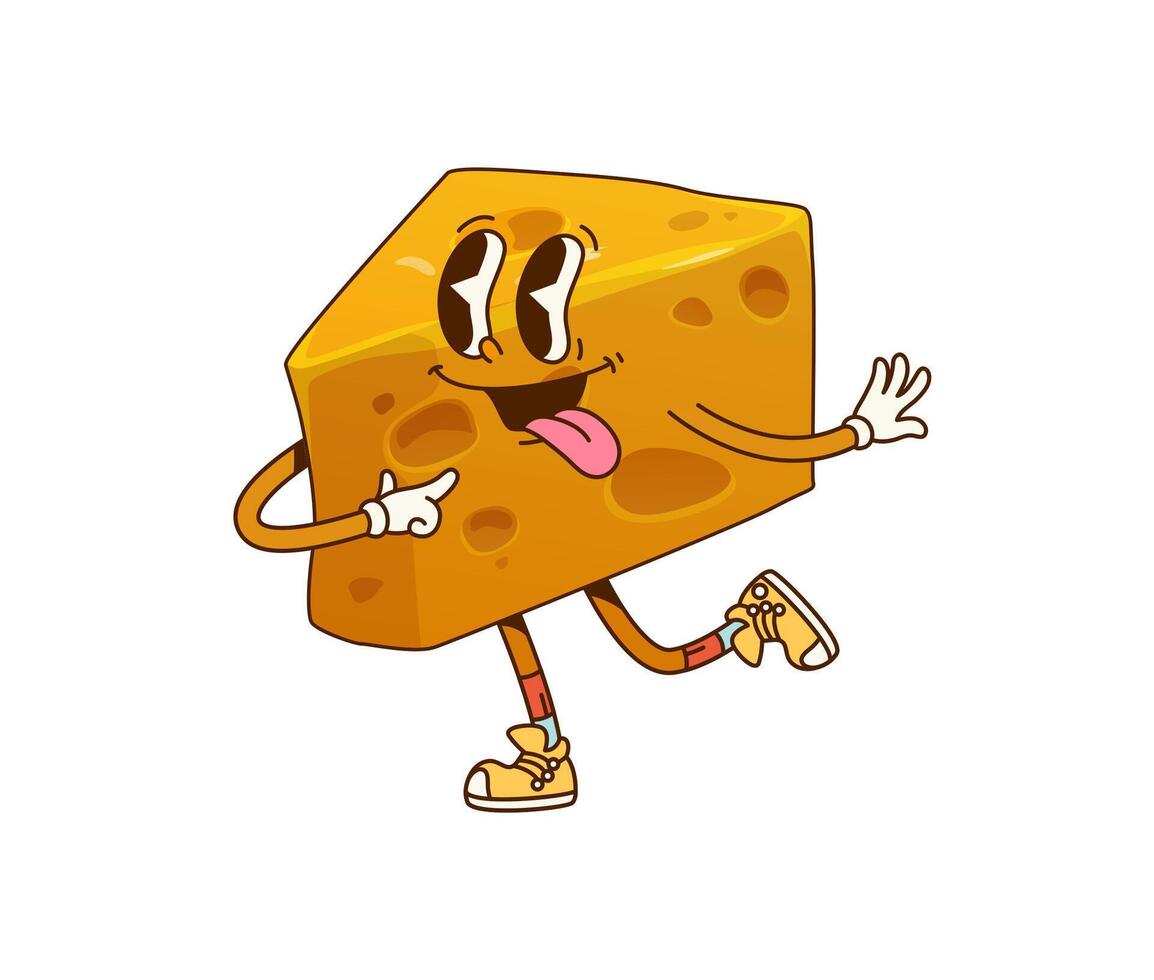 Funny groovy cartoon cheese character, funky face vector
