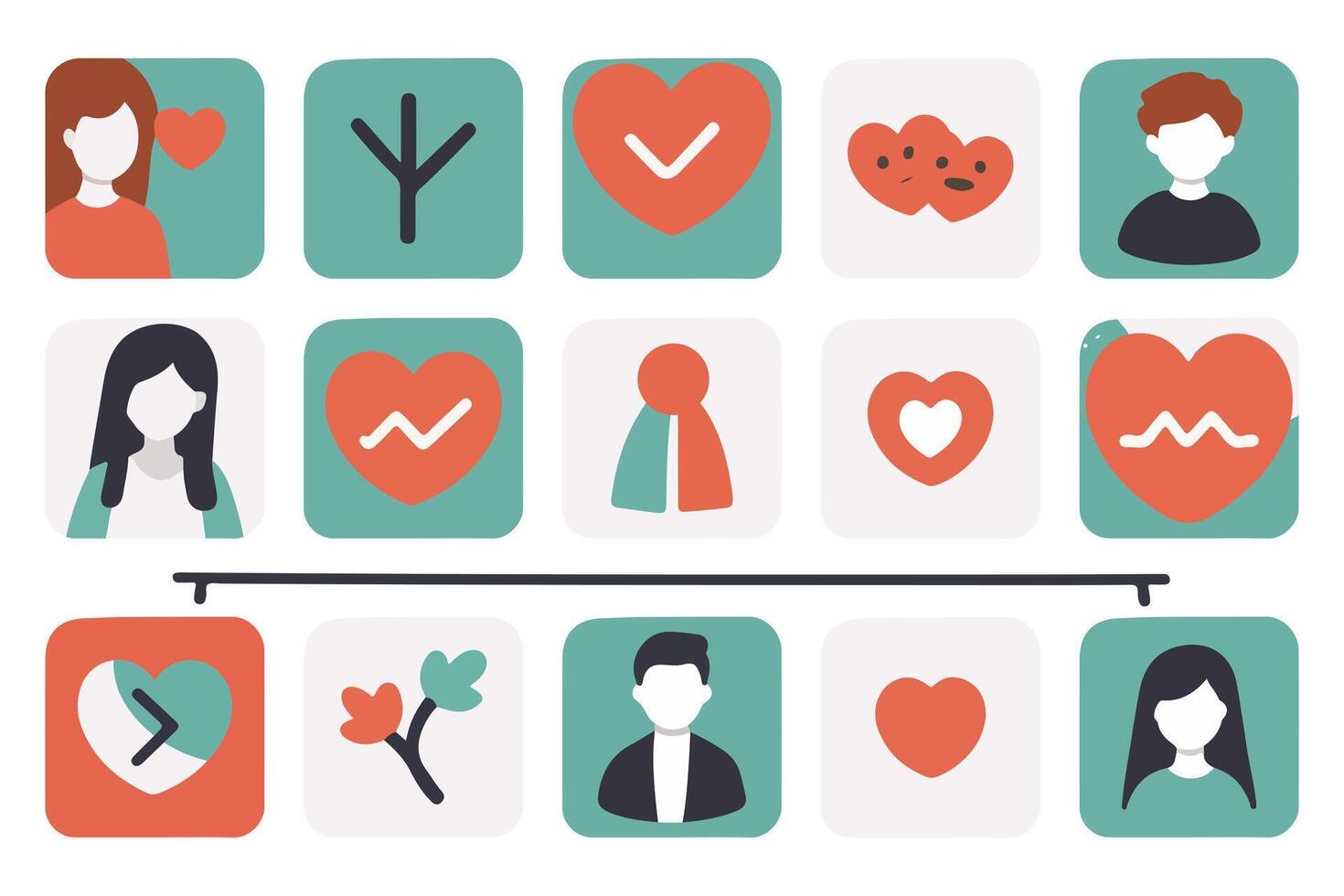 Set of people icons in various situations, relationships cute icons in thin linear style. vector