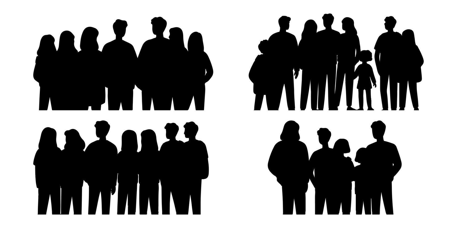 Set of black silhouettes of trendy people standing together. vector