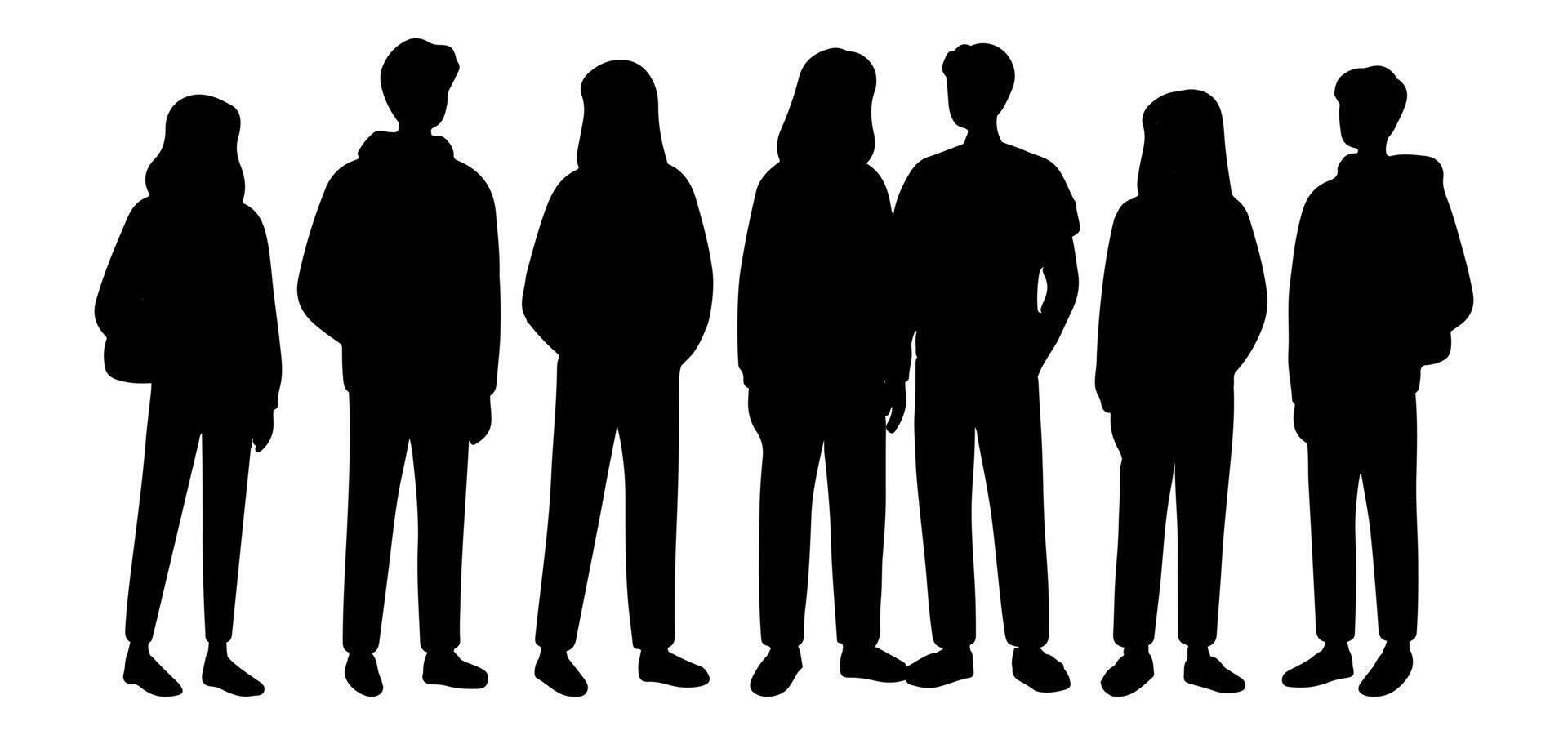 Set of Modern People Silhouettes in Black, Standing Group Poses vector