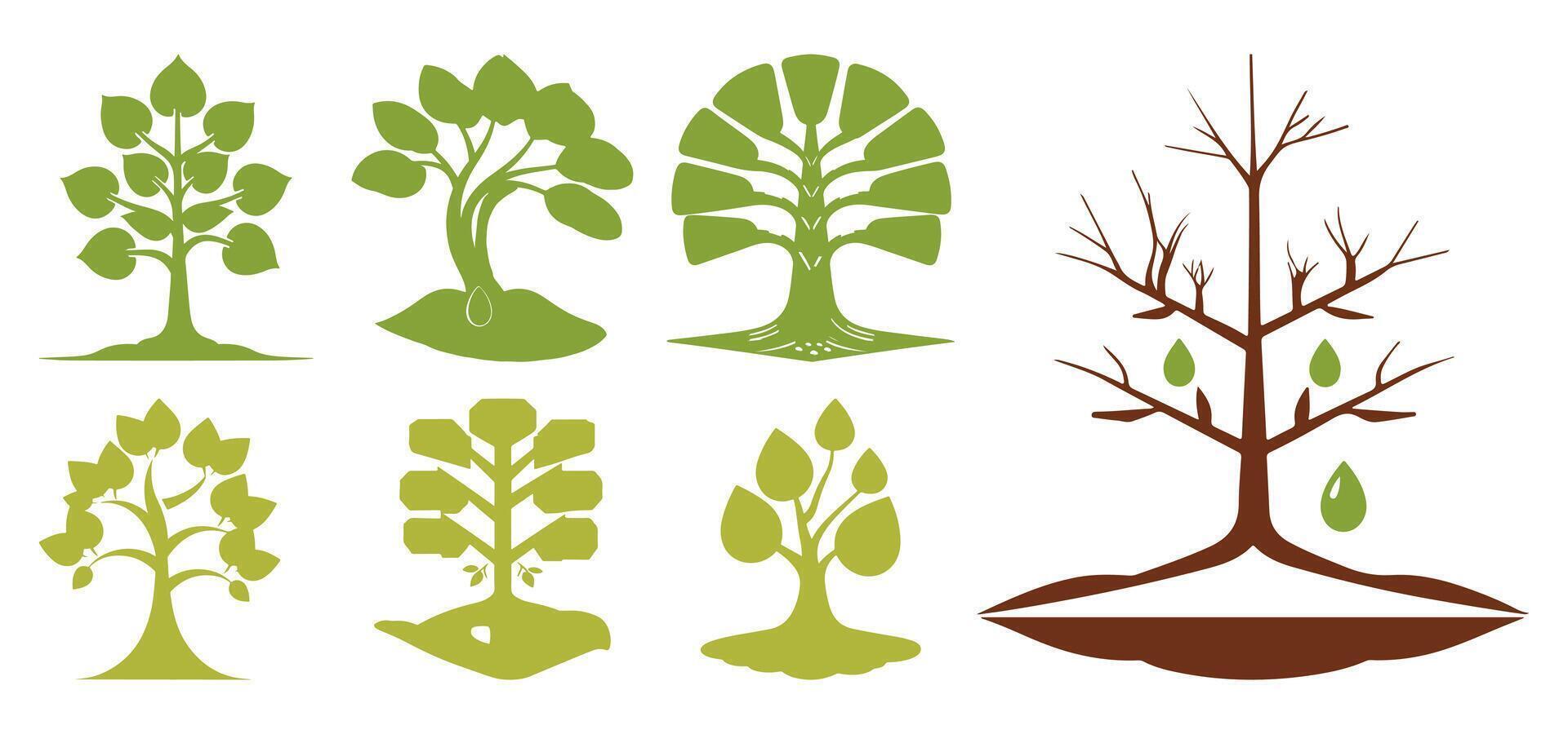 Set of Various Green Plant Leaves and Tree Logo Elements. vector