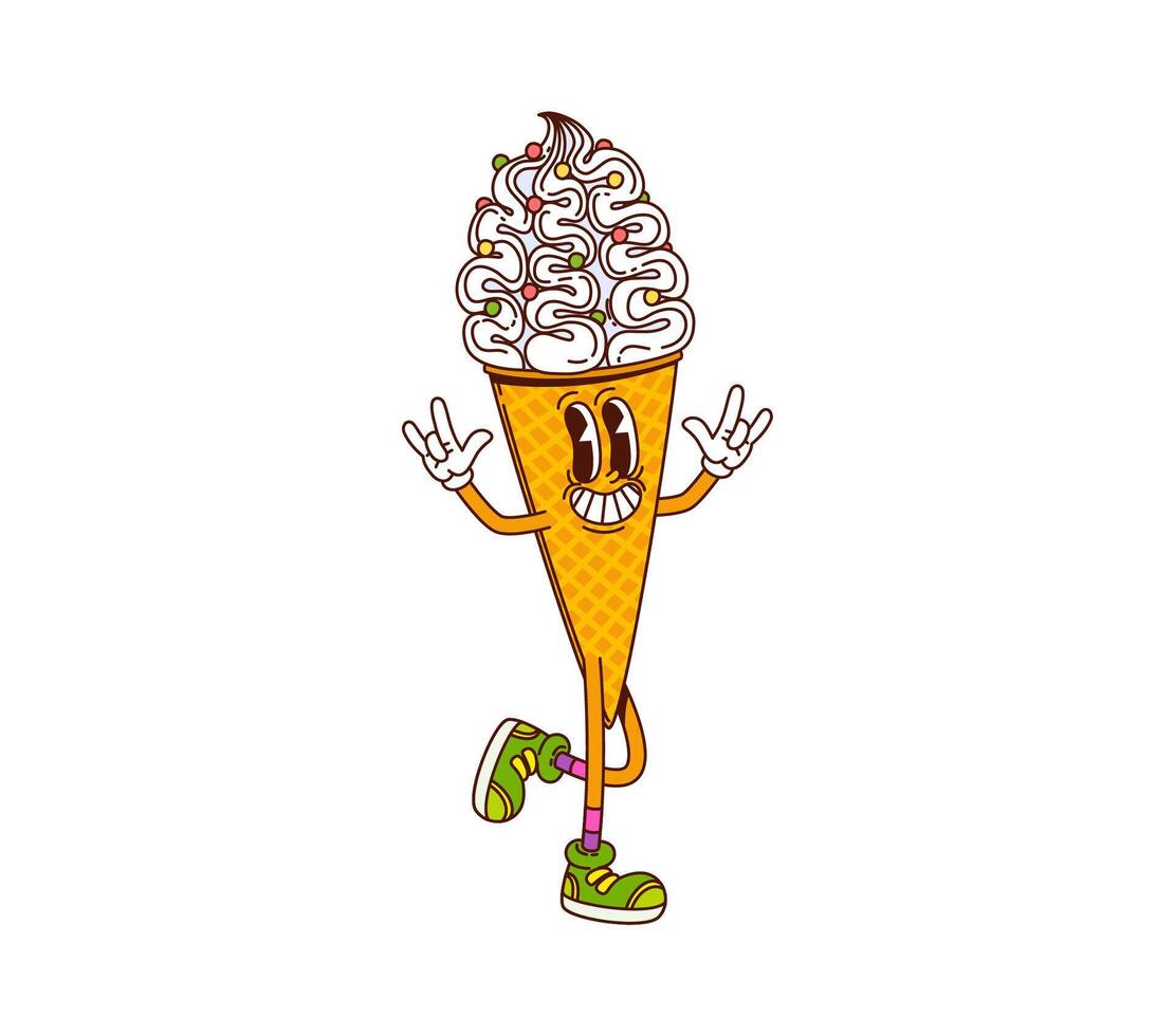 Cartoon ice cream cone groovy dessert character vector