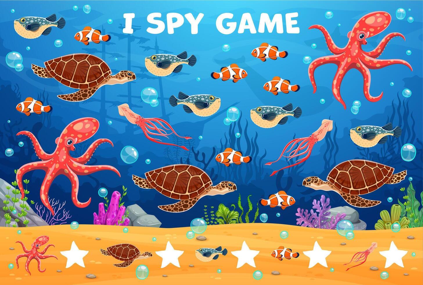 Cartoon sea animals on kids I spy game worksheet vector