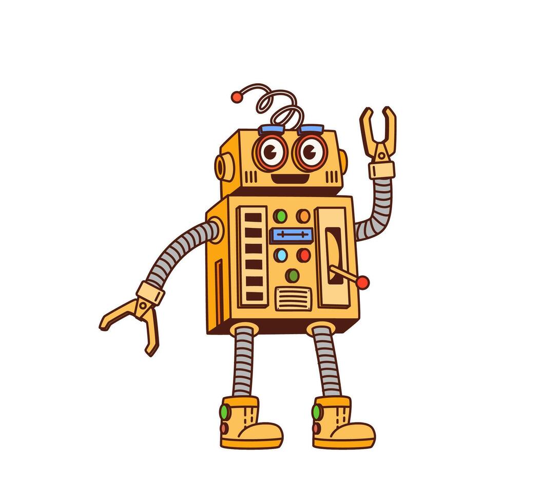Cartoon retro groovy robot character with antenna vector