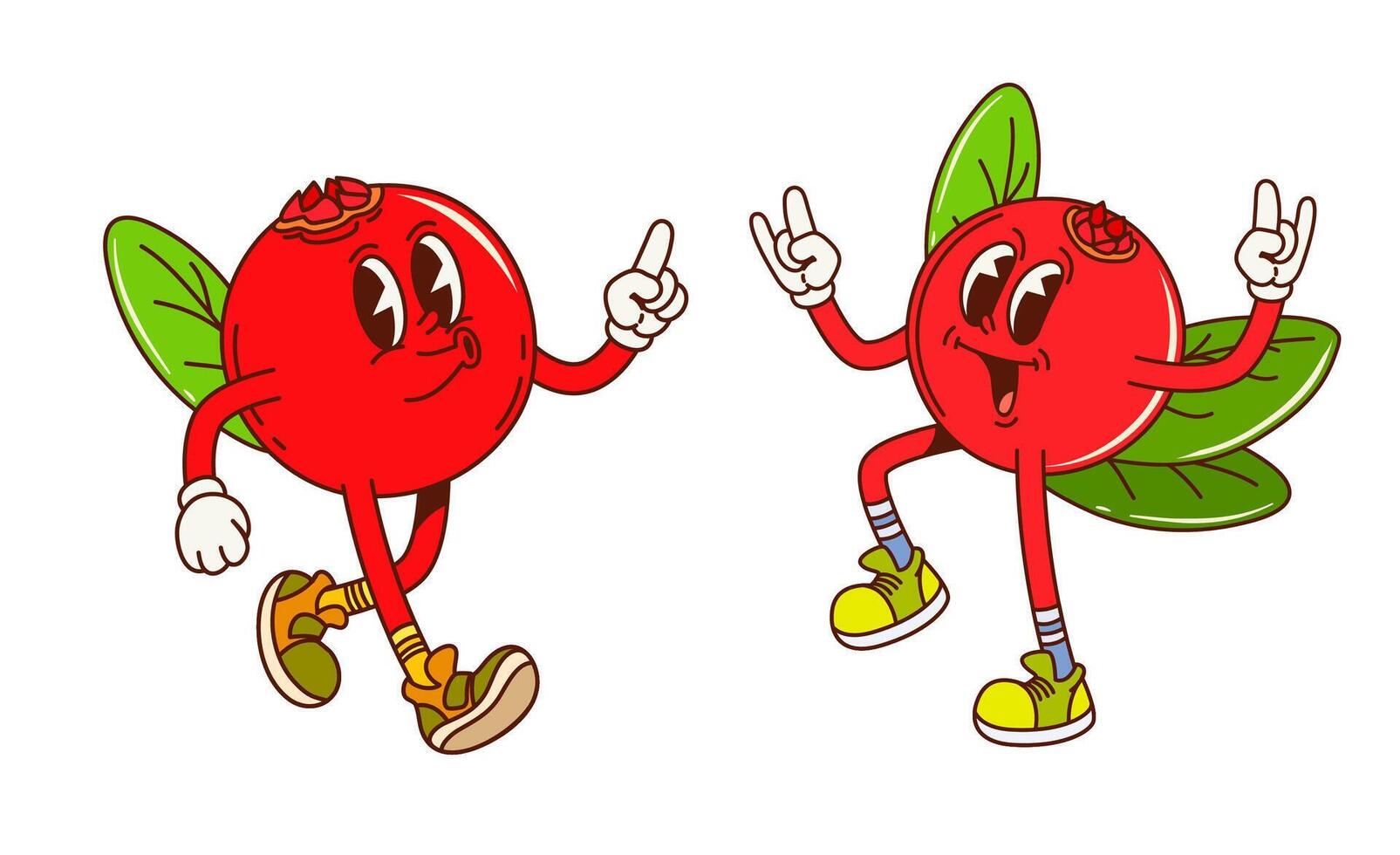 Cartoon retro groovy cranberry fruit characters vector