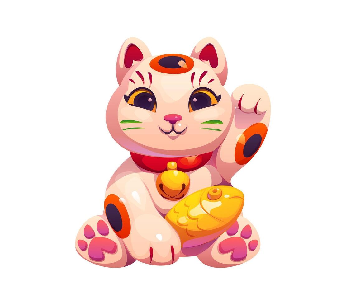 Cartoon lucky cat maneki neko holds a golden fish vector